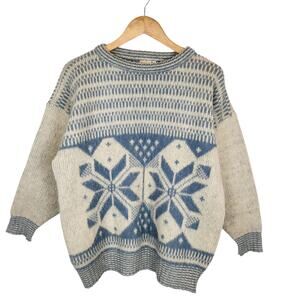 Alafoss Icewool Women's Pure Wool Crew Neck Sweater Snowflake Blue Cream Small